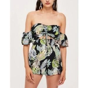 LF Love Tropical Leaf Print Cut Out Off Shoulder Romper Black XS
